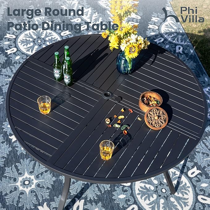 PHI VILLA 7 Pieces Outdoor Round Dining Set for 6, Large Wrought Iron Table with Umbrella Hole & Swivel Metal Chairs with Cushions, Modern Furniture Set for Patio, Deck, Yard, Porch