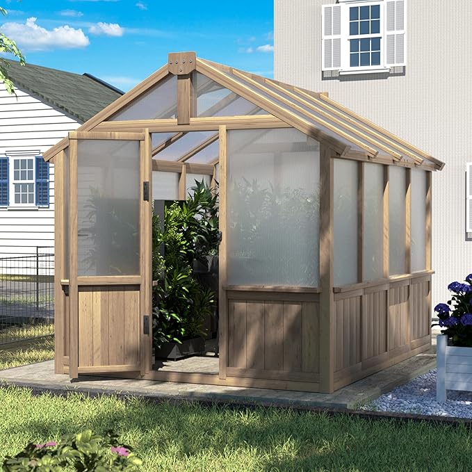 6x8 FT Greenhouse Kit for Outdoor, 6MM Thick Polycarbonate Panel Wooden Walk-in Green House with Lockable Door and Adjustable Roof Vent, Backyard Garden, Light Mocha Brown