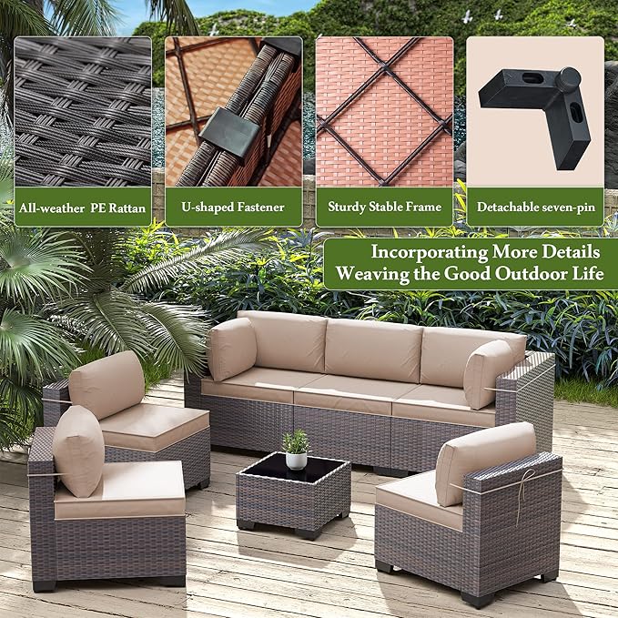 Outdoor Patio Furniture Set, 9 Pieces Outdoor Furniture All Weather Patio Sectional Sofa PE Wicker Modular Conversation Sets with Coffee Table,8 Chairs & Seat Clips(Brown)