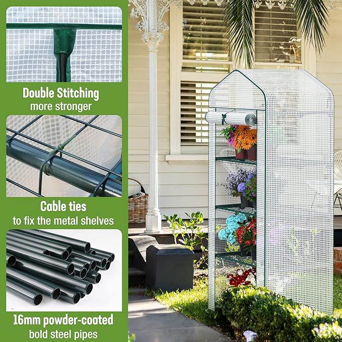 WORKPRO Mini Greenhouse, 4-Tier Portable Small Greenhouses for Outdoor Indoor with Shelves and Thicken PE Cover, White - 27" L x 19" W x 63" H, Ideal Gardening Gifts for Women Men