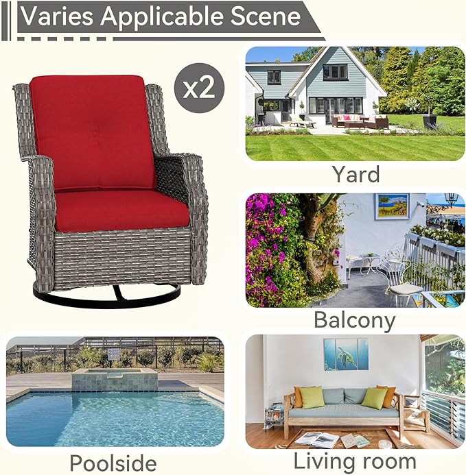 Swivel Patio Chair Outdoors - 360 Degree, Set of 2, Glider Chair with 3.5" Olefin Fabric Cushions (Mixed Grey Rattan/Red)