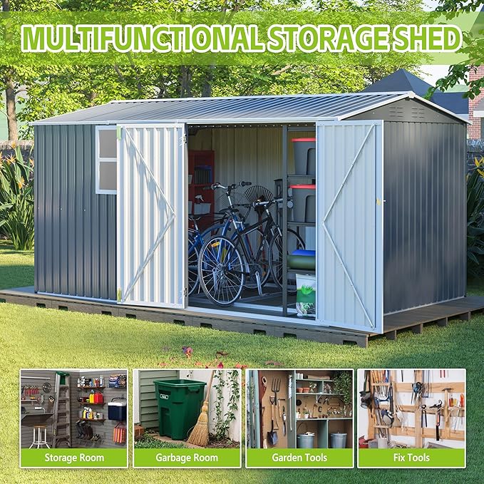 8x12 Ft Storage Shed Outdoor, XL Heavy-Duty Steel Building with Window – Features Hinged Gray Doors & 4 Air Vents for Backyard, Garden, Patio (Gray)