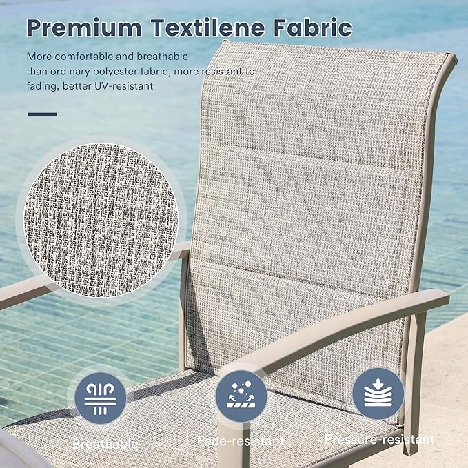 VICLLAX 5 Pieces Patio Dining Set, 4 Seats Outdoor Furniture Includes 37.8" Square Outdoor Table and 4 Swivel Patio Chairs, Grey Wood Grain Tabletop and Sandshell Fabric