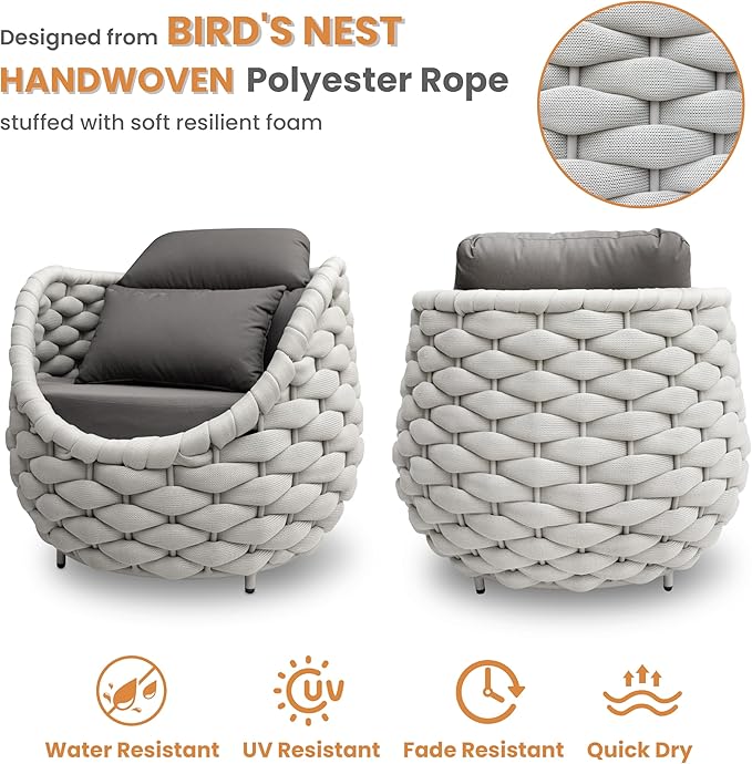 4 PCS Porch Furniture Chair: Patio Accent Chair Aluminum - Woven Rope Cushioned Armchair Assembled - Modern Lounge Single Chair - All Weather 400lbs for Deck Balcony Yard Garden Hotel Poolside