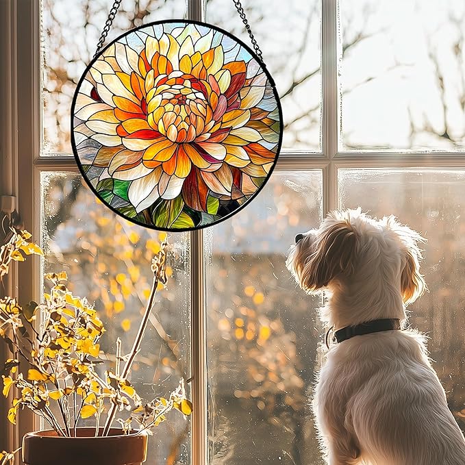 Stained Glass Window Hanging - Chrysanthemum Suncatcher for Doors Garden Patio Birth Flowers Sun Catchers Decor Christmas Mother's Day Birthday Gifts for Women Men Mom Nana Friend 6.3 in
