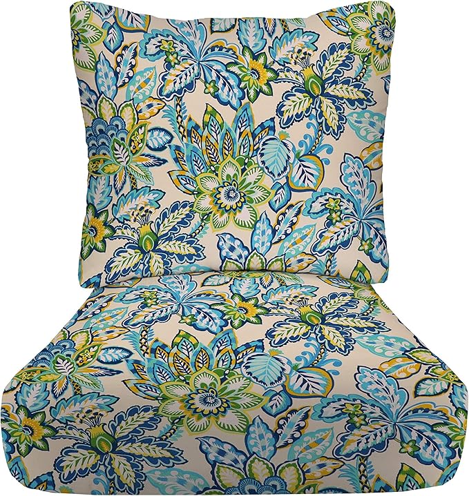 RSH DECOR Deep Seating Cushion with Pillow Back | 23.5” x 25” Seat | Water and Fade-Resistant Spun Fabric | Outdoor Chair Cushion Set for Patio Furniture | Copeland Caribe Blue