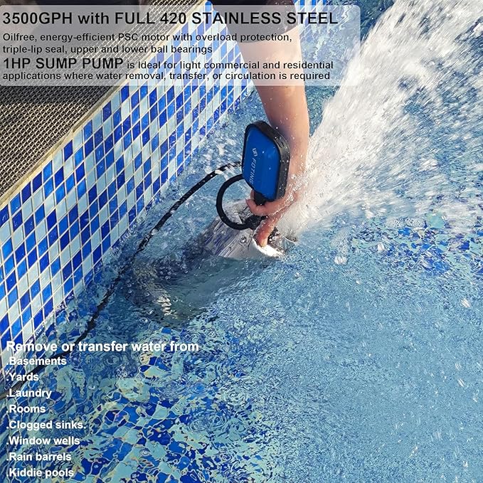FOTING Stainless Steel Sump Pump 1HP Automatic & Manual Mode- with Float Switch,3500GPH Submersible Water Pump Utility Pump for Swimming Pool Garden Pond Basement with 25ft Cord