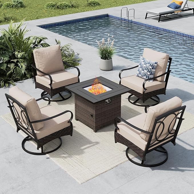 MFSTUDIO 5 Pieces Outdoor Patio Furniture Set, Metal Outdoor Conversation Sofa, Rattan Wicker Patio Sectional Sofa Set with 4 x Swivel Single Sofa, 1 x Fire Pit Table, Beige