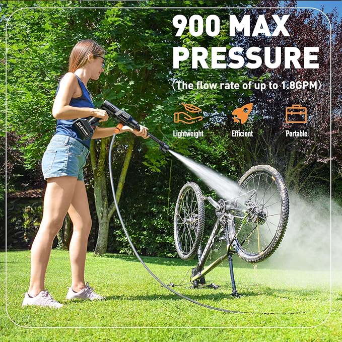 Cordless Power Washer, 900 PSI Cordless Pressure Washer, Portable Power Washer with 3.0Ah Battery&Charger & 6-in-1 Nozzle, 17FT Drain Hose, Portable Pressure Washer for Car WashHomeYard