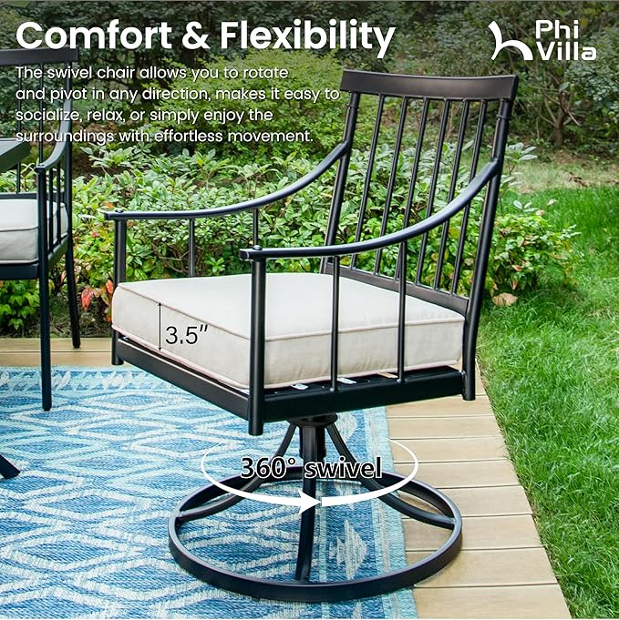 PHI VILLA 7 Pieces Outdoor Dining Set for 6, 60" Rectangle Black Steel Table with Umbrella Hole & Swivel Metal Iron Chairs with Cushions, Modern Furniture for Patio, Deck, Yard, Porch