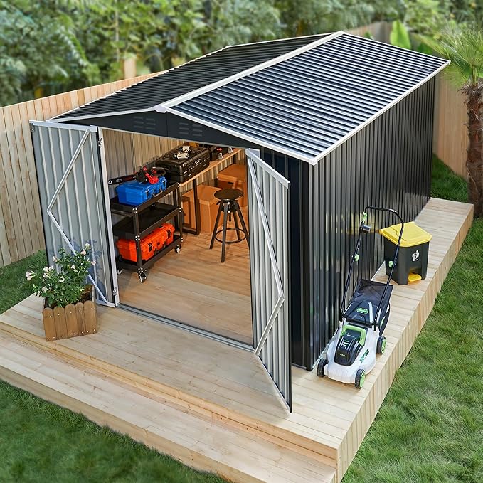 Polar Aurora 8 x 12 FT Outdoor Storage Shed, Metal Garden Shed with Updated Frame Structure, Tool Sheds for Backyard Garden Patio Lawn Black