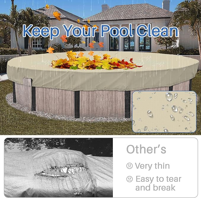 ECOOPTS 15 ft Waterproof Round Polyester Pool Cover for Above Ground Pools, Swimming Pool Cover Protector Winter Safety Cover (Beige)