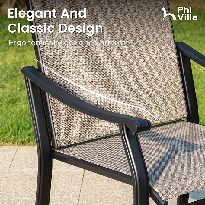 PHI VILLA Outdoor Dining Set for 6, Patio Chairs withTextilene Fabric and Metal Frame, Metal Dining Table with Umbrella Hole,Outdoor Table Chair Set for Patio