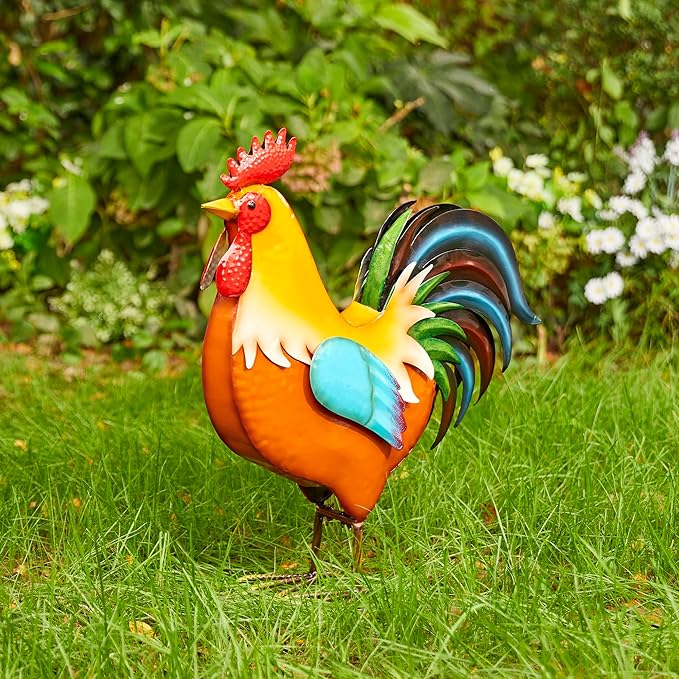 Glitzhome Metal Vibrant Standing Rooster Statue, Rustic Yard Signs 21 Inch Garden Rooster Sculpture for Farm Patio Lawn Porch Home Decor