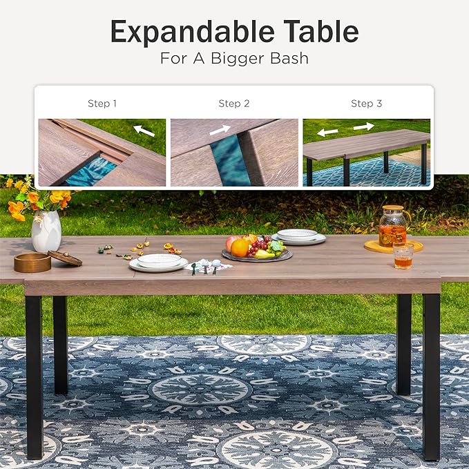 PHI VILLA 9 Piece Outdoor Dining Set for 8, Expandable Wood-Like Metal Dining Table & Wicker Chairs with Cushions, Large Dining Furniture for Patio, Deck, Backyard, Porch