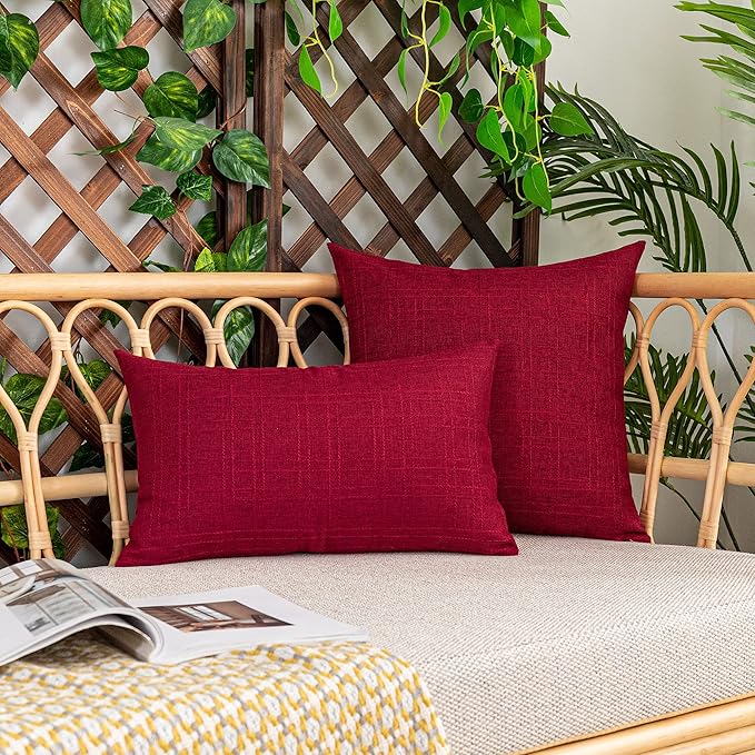 Kevin Textile Pack of 2 Outdoor Waterproof Pillow Covers Checkered Decorative Cushions Sham Throw Pillowcases Shell for Patio Tent Garden Couch Bed Sofa 22x22 Inch Red
