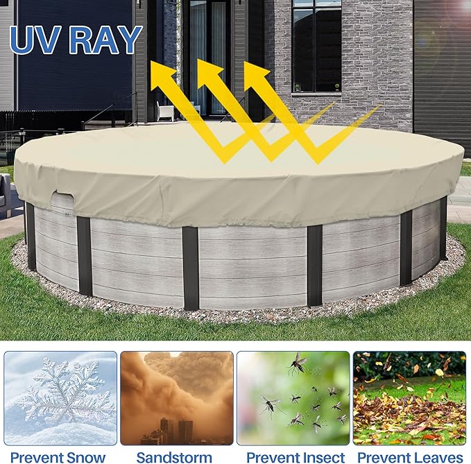 ECOOPTS 11 ft Waterproof Round Polyester Pool Cover for Above Ground Pools, Swimming Pool Cover Protector Winter Safety Cover (Beige)