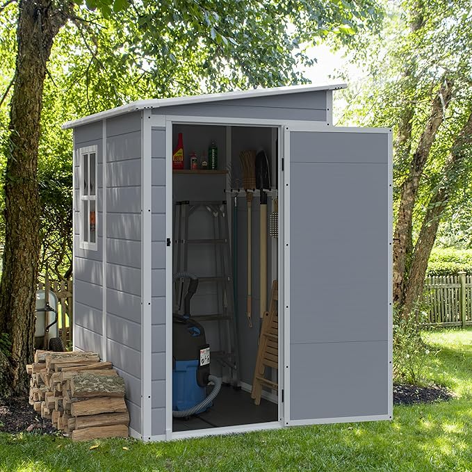 JUMMICO Outdoor Storage Shed, 5 x 4 FT Resin Shed with Floor and Lockable Door, Plastic Garden Tool Outside Sheds for Patio Backyard Lawn