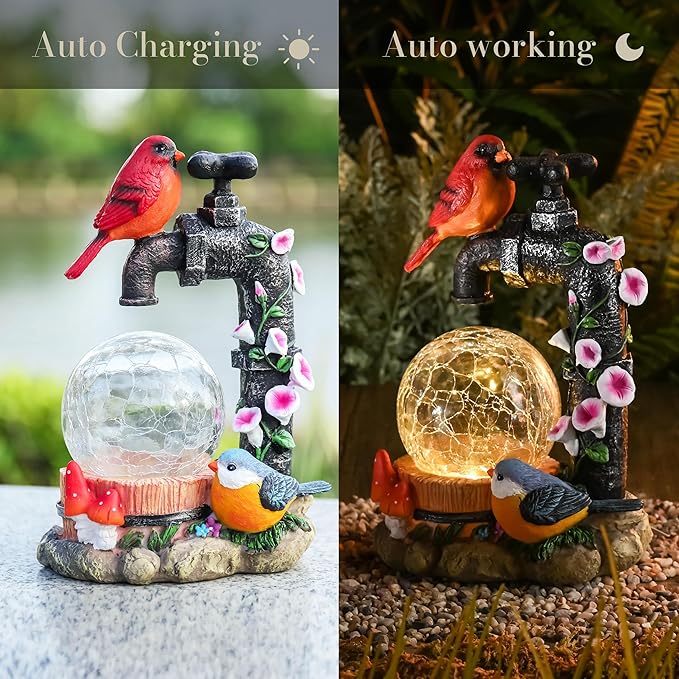 TERESA'S COLLECTIONS Garden Decor, Cardinal Garden Decor, Cute Cardinal and Faucet and Solar Light Glass Ball, Waterproof Resin Garden Statues, Cardinal Gifts, Birthday Gifts for Women Mom, 6"
