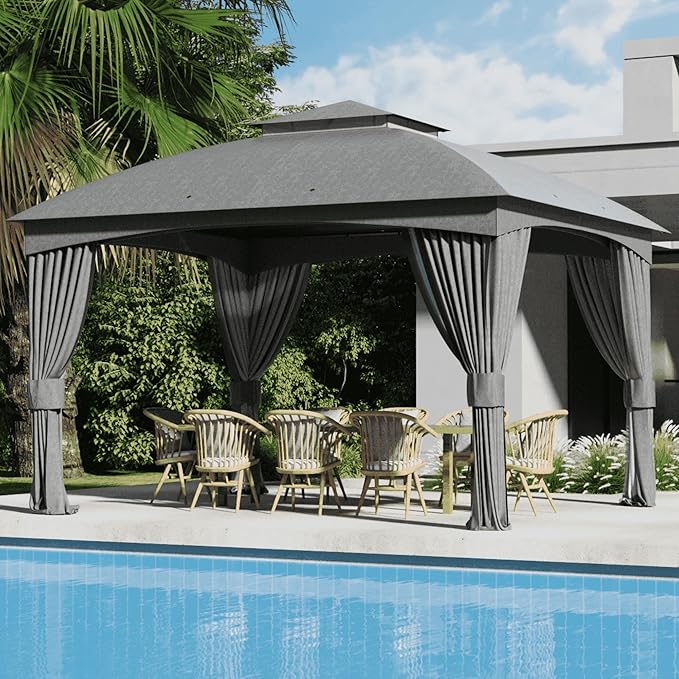Heavy Duty Gazebo, 11 x 13 Ft Outdoor Patio Pavilion with Galvanized Steel Metal Frame and Double Roof, Curtain and Netting Included, for Outside, Garden, Yard & Lawn