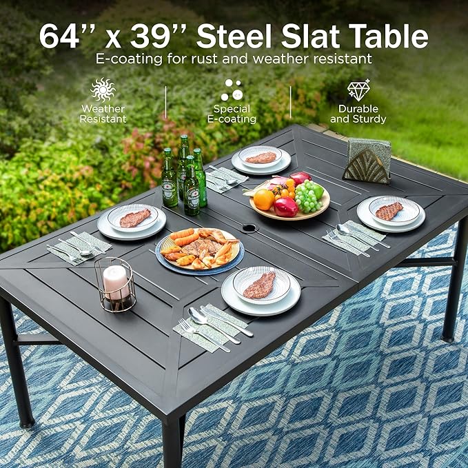 PHI VILLA 7 PCS Outdoor Dining Table and Chairs,Sling Chairs with Textilene Fabric and Large Metal Table with Umbrella Hole,Durable,Sturdy and Rustproof Outdoor Furniture Set for Outside,Garden