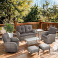 7 Piece Patio Furniture Set - Wicker Patio Conversation Set with Swivel Glider, Glider Loveseat, Tempered Glass Side Table and 2 Ottomans for Deck Backyard - Grey Wicker Grey Cushion