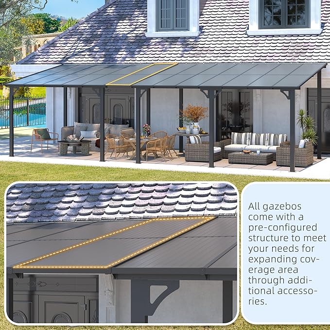 AECOJOY 26' x 10' Gazebo for Patio, Large Wall-Mounted Hard Top Lean-to Gazebo Pergola with Roof 10' x 26' on Clearance, Heavy Duty Patio Awnings for Decks, Backyard