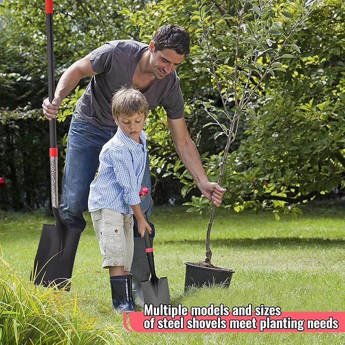 SHARK ATTACK 5-Piece Steel Shovel Set with D-Grip Handles - Multi-Size Garden Shovels with Powder Coating for Digging, Planting & Car Emergency