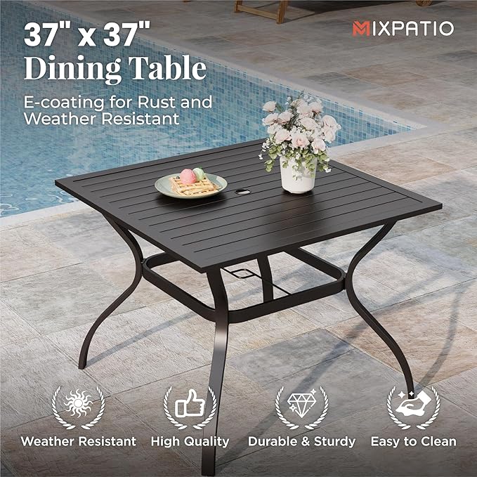 5 Pieces Patio Table and Chairs Set, 4 Person Outdoor Dining Furniture Set, 4 Red Textilene Chairs and 37" Square Metal Table with Umbrella Hole, for Deck Backyard Lawn
