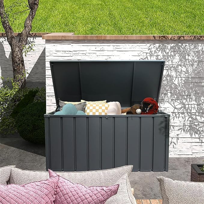 LANTRO JS 100 Gallon Metal Deck Box, Outdoor Storage Box Waterproof with Wheels, Lockable Storage Container for Patio Furniture Cushions Garden Tools, Dark Gray