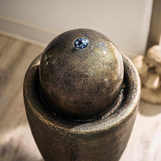 XBrand 25.98" H Round Stone Indoor/Outdoor Modern Stone Textured Sphere Water Fountain w/LED Lights, Ball Water Fountain Decor, Garden Sphere Fountain, Patio Fountain, Outdoor Fountain, Bronze