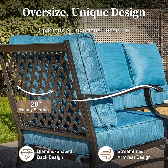 5 Piece Metal Outdoor Patio Furniture Set, Patio Conversation Sets 3-seater Sofa, 2 Swivel Chairs, 2 Ottomans with 5.75" Thick Cushion, Black All-weather Backyard Furniture Set, Blue-2