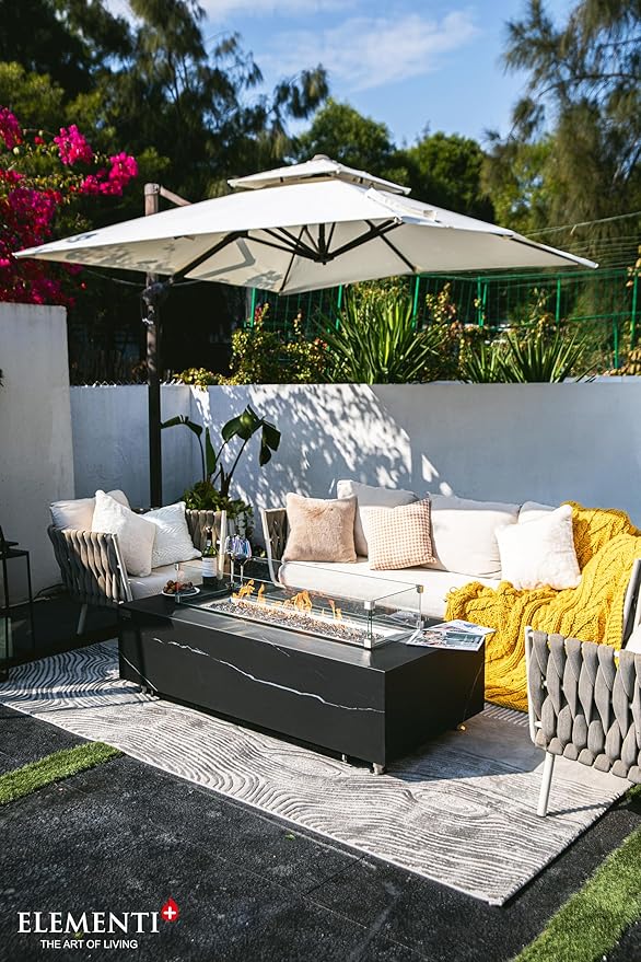 Elementi+ | Bundle Varna Gas Fire Pit | Marble Porcelain & Metal Frame | 60" Rectangular Fire Table | Electronic Ignition | Canvas Cover, Fire Glass & Burner Lid Included | Black | Propane Gas