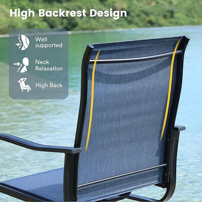VICLLAX 5 Pieces Patio Dining Set for 4, Outdoor Furniture Set Includes 37.8" Square Outdoor Table and 4 Patio Swivel Chairs for Lawn Garden, Black Tabletop and Blue Fabric