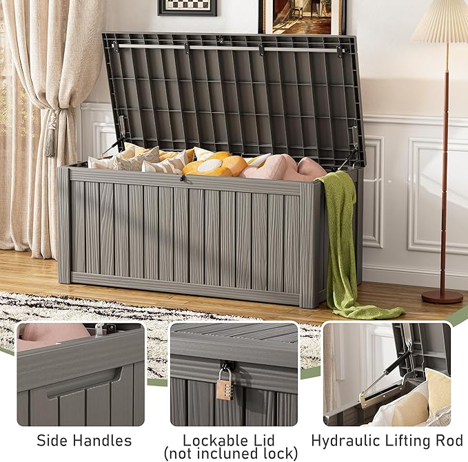 Outdoor Storage Box, Resin Deck Boxes Indoor and outdoor, Waterproof Storage Box Lockable Lid (Grey, 120 Gallon)