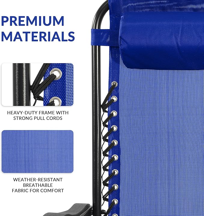 Elevon Zero Gravity Chair Set of 2 with Cup Holder & Removable Pillows, Adjustable Reclining Outdoor Patio Folding Chairs Portable Lounge Chair Furniture for Poolside, Lawn, Beach, Camping, Blue