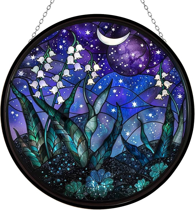 Customized Night Lily of The Valley Stained Glass Window Hanging Sun Catcher Halloween Haning Ornament Decoration Christmas Birthday Gifts for Lover, Friends