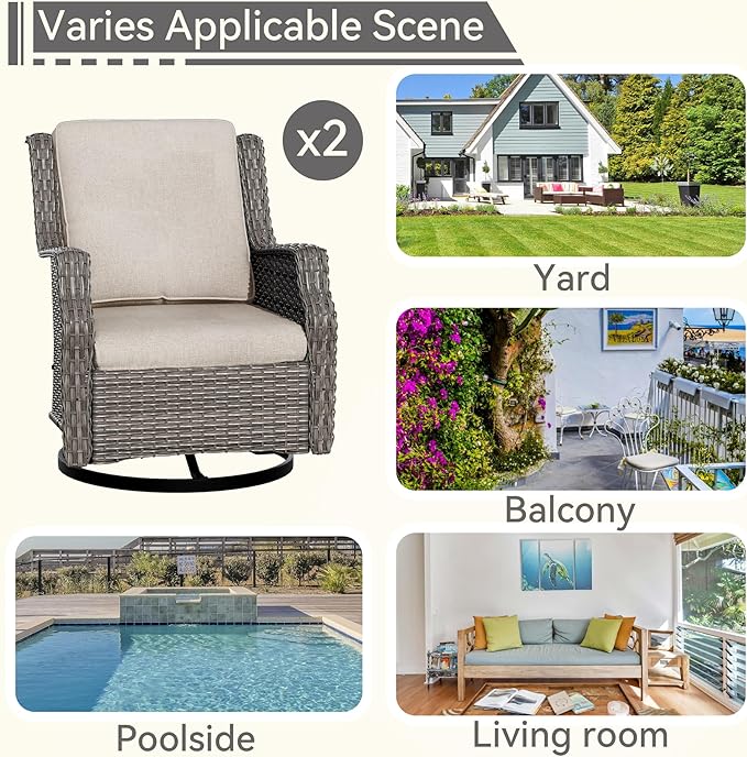 Swivel Patio Chair Outdoors - 360 Degree, Set of 2, Glider Chair with 3.5" Olefin Fabric Cushions (Mixed Grey Rattan/Beige)
