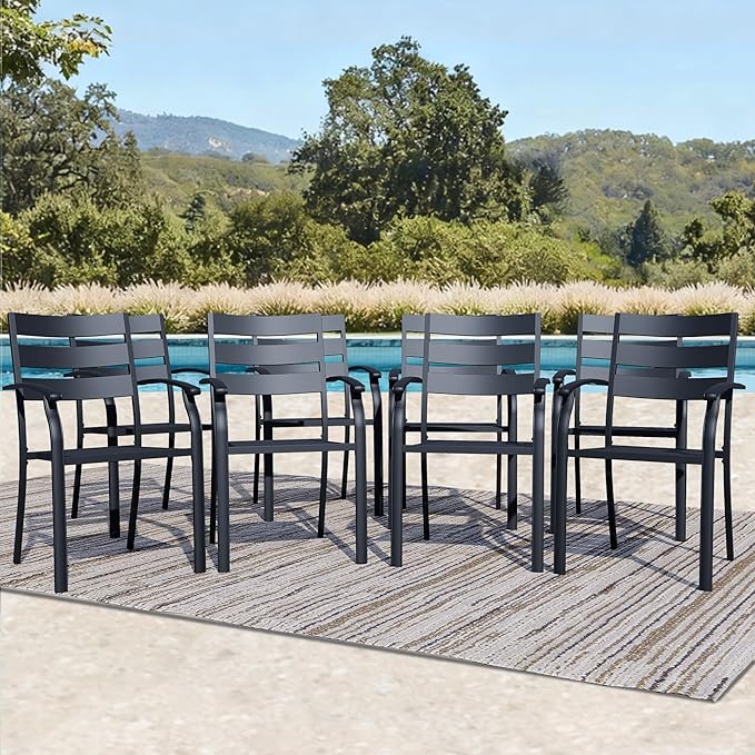 Patio Dining Chairs Set of 8, Black Stackable Outdoor Dining Chairs with Armrest and Wide Back, Wrought Iron Patio Furniture Chairs for Lawn, Backyard, Garden & Deck, Supports 300 LBS
