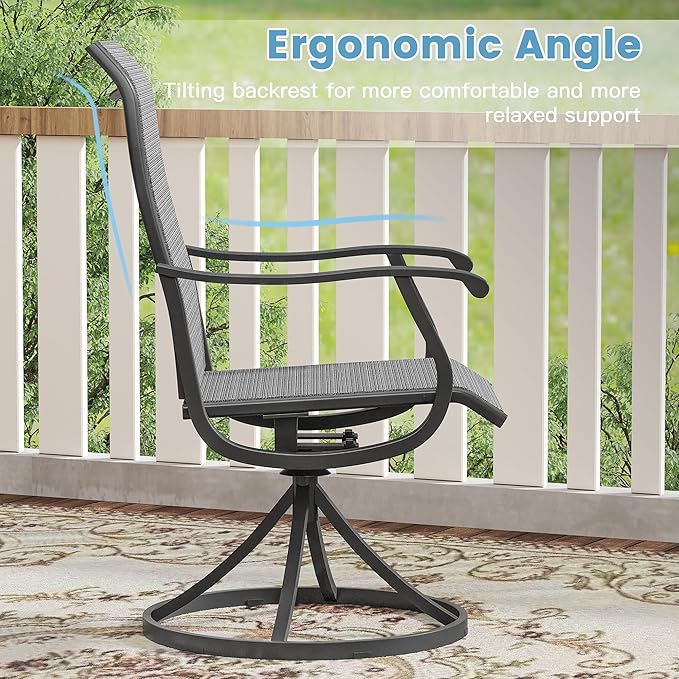 DIFY 5 Pieces Outdoor Patio Dining Set for 4, 37.8" Black Metal Square Dining Table and 4 Dark Grey Textilene Patio Swivel Chairs, Outdoor Table and Chairs