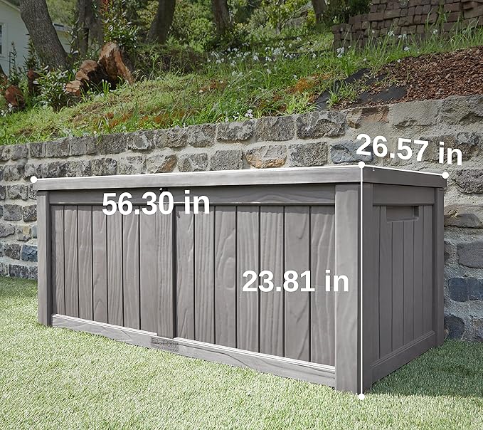 EAST OAK Outdoor Storage Box, 120 Gallon Deck Box with Stainless Steel Rods Large Resin Storage Bin for Patio Cushions, Garden Tools, Waterproof and UV Resistant, Lockable, Grey