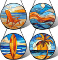 Stained Glass Window Hanging 4 Pcs Set Blue Orange Ocean Beach Theme 9.8" - Suncatcher Door Garden Sun Catcher Decor Birthday Christmas for Mom Woman Nana Men Wife