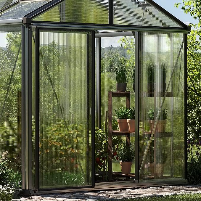Greenhouse Diamas 24 Premium 7.7 x 15.1 ft with Approx. 16 mm Polycarbonate Panels, Natural Aluminum Color, with 2 Automatic Vent Openers
