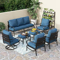 PHI VILLA 7 PCS Patio Furniture Set,Metal Outdoor Furniture with 1x 3 Seater Cushioned Deep Seating Bench Sofa, 2 Swivel Chair, 2 x Leg Chairs & 2 Ottoman for 7 Person, Peacock Blue