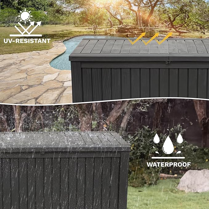 DWVO 150 Gallon XL Deck Box with Divider & Lockable Lid, Waterproof Resin Outdoor Storage for Patio, Garden, Poolside, Cushions, Supplies & Sports Gear, Black