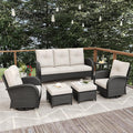 6 Pieces Patio Furniture Sets, Wicker Rattan High Back Outdoor Swivel Rocking Chairs Set with 3-Seat Couch, Ottomans and Side Table