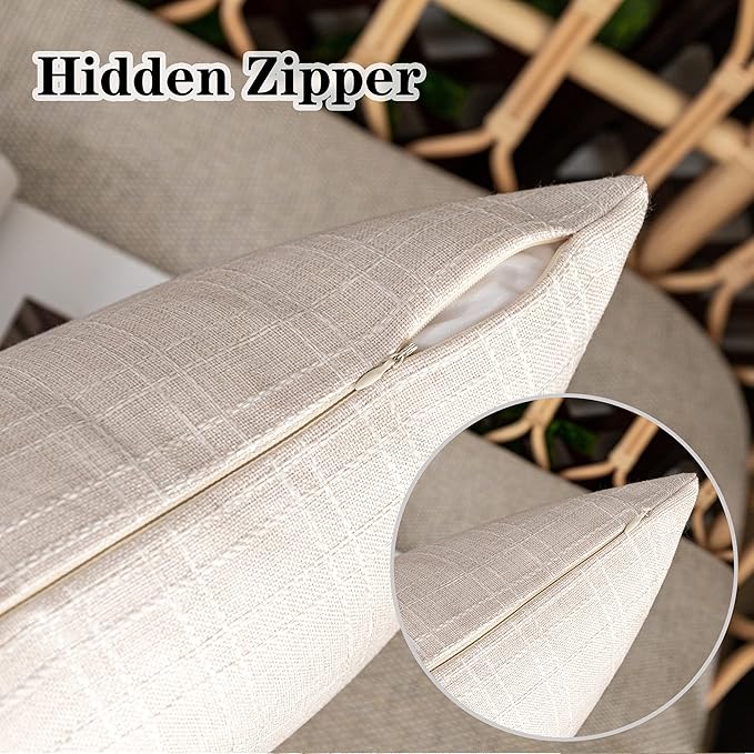 Kevin Textile Pack of 2 Decorative Outdoor Waterproof Checkered Pillow Covers Square Garden Cushion Sham Throw Pillowcase Shell for Patio Tent Couch 24x24 Inch Light Beige