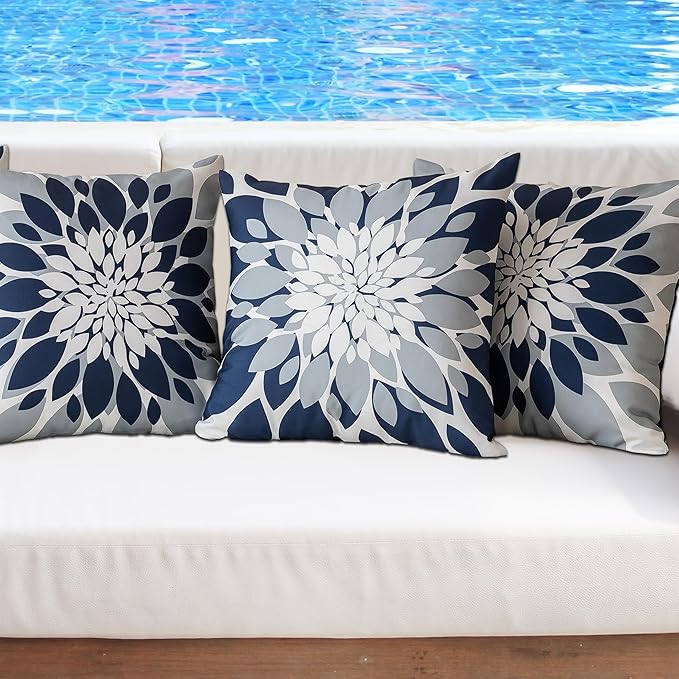 Qahing Pack of 4 Outdoor Waterproof Pillow Covers 20x20 Decorative Outdoor Throw Pillows Garden Square Cushion Cases for Patio Furniture, Couch, Tent Sunbrella, Bench, Navy Blue Grey
