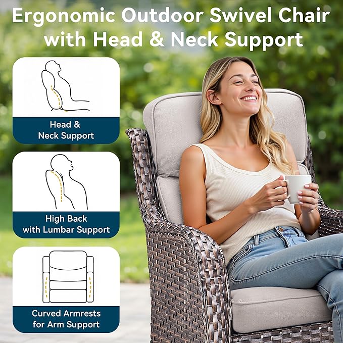 Luxury High Back Outdoor Furniture with 6-Inch Thick Cushions, Patio Furniture Set with Swivel Chairs, 4 PCS Wicker Conversation Set for Porch, Balcony, Deck and Yard