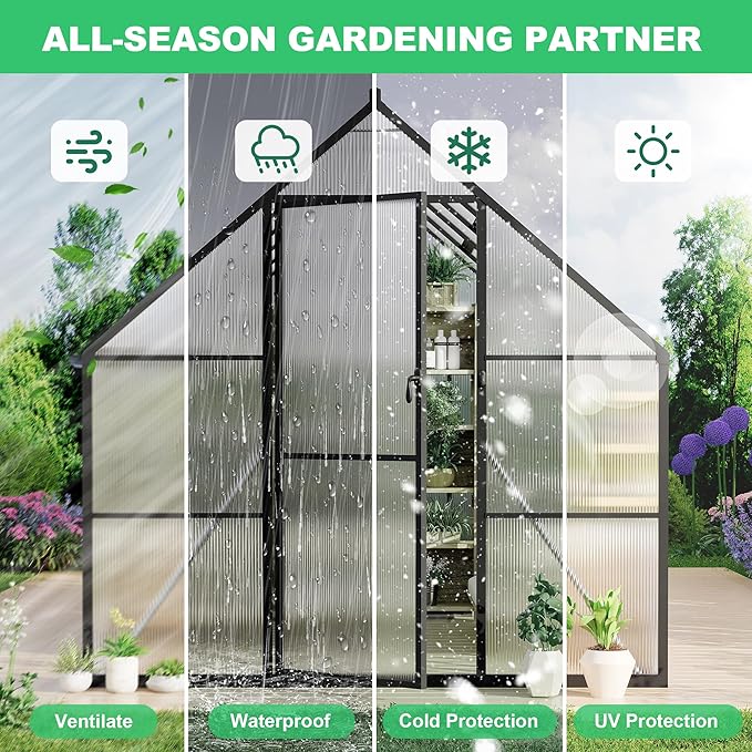 8'x14' Aluminum-Framed Polycarbonate Greenhouse, Heavy Duty Polycarbonate Greenhouse With Quick Setup Structure and Roof Vent, Large Enhanced Aluminum GreenhouseKit for Outdoors